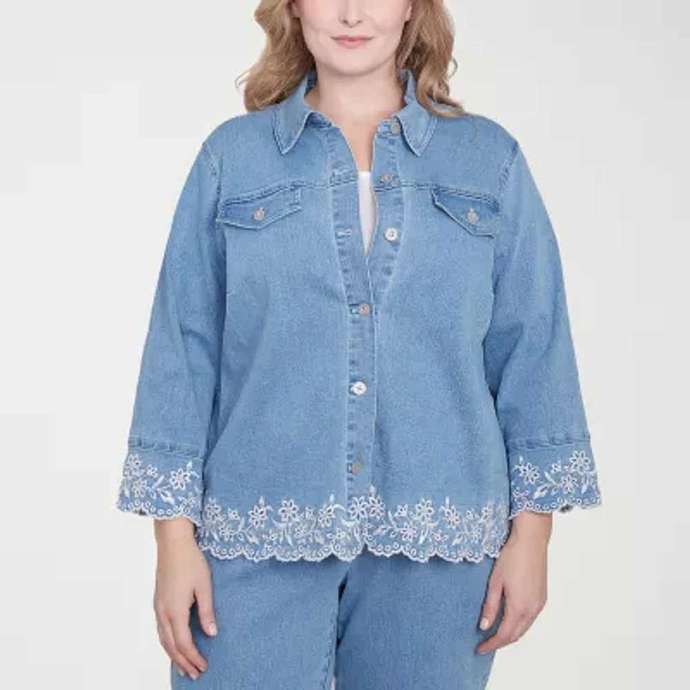 Alfred Dunner Flower Power Lightweight Denim Womens Plus Jacket