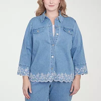 Alfred Dunner Flower Power Lightweight Denim Womens Plus Jacket