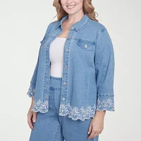 Alfred Dunner Flower Power Lightweight Denim Womens Plus Jacket