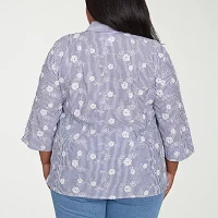 Alfred Dunner Plus Flower Power Womens 3/4 Sleeve Button-Down Shirt