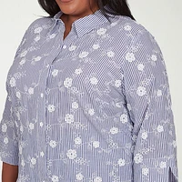 Alfred Dunner Plus Flower Power Womens 3/4 Sleeve Button-Down Shirt