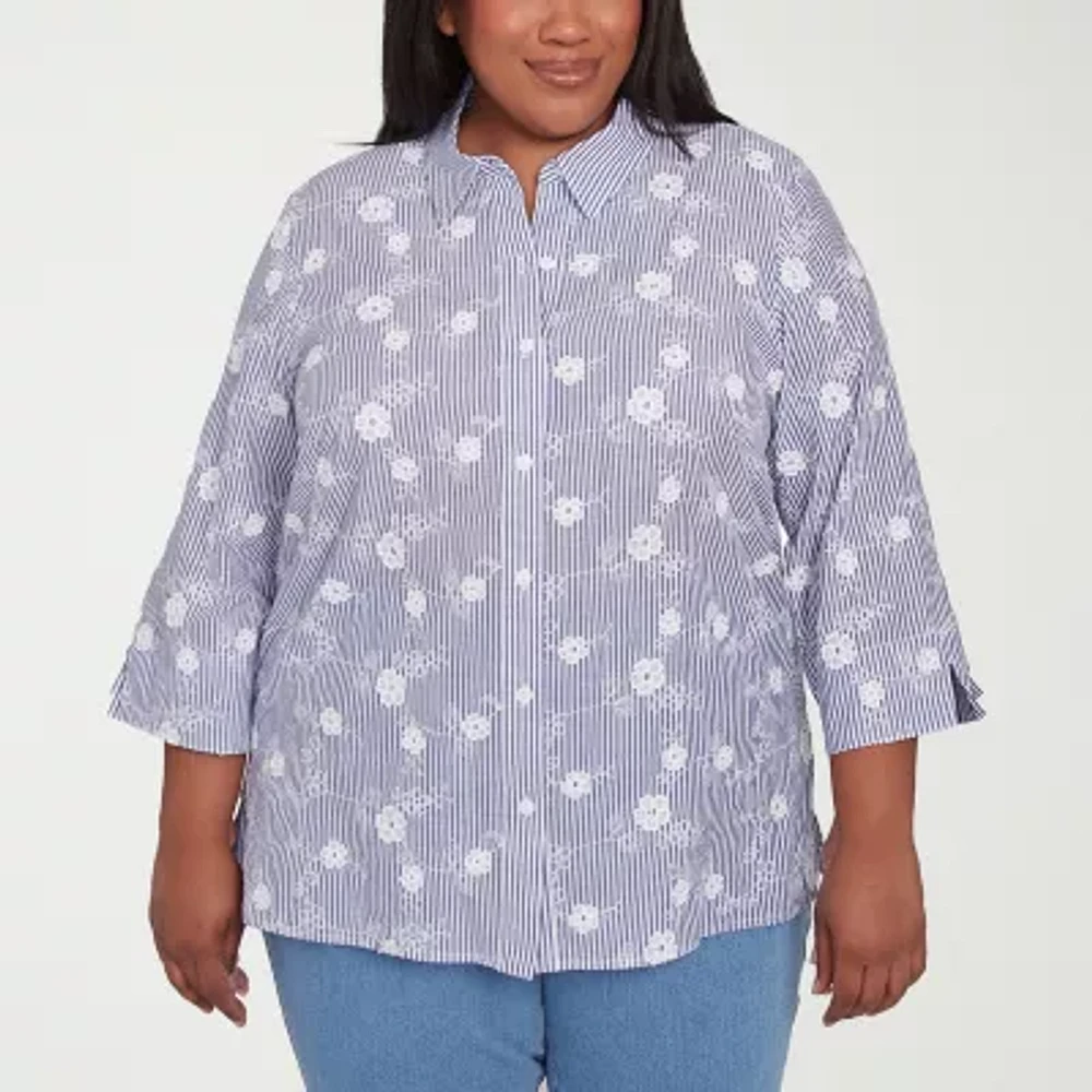Alfred Dunner Plus Flower Power Womens 3/4 Sleeve Button-Down Shirt
