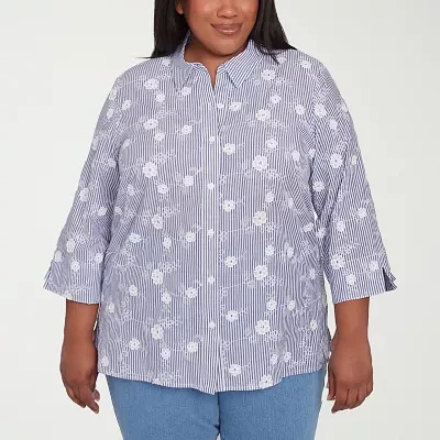 Alfred Dunner Plus Flower Power Womens 3/4 Sleeve Button-Down Shirt