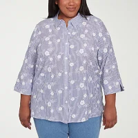 Alfred Dunner Plus Flower Power Womens 3/4 Sleeve Button-Down Shirt