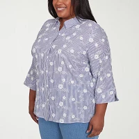 Alfred Dunner Plus Flower Power Womens 3/4 Sleeve Button-Down Shirt