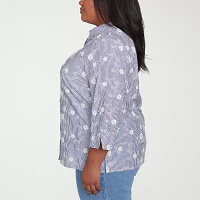 Alfred Dunner Plus Flower Power Womens 3/4 Sleeve Button-Down Shirt