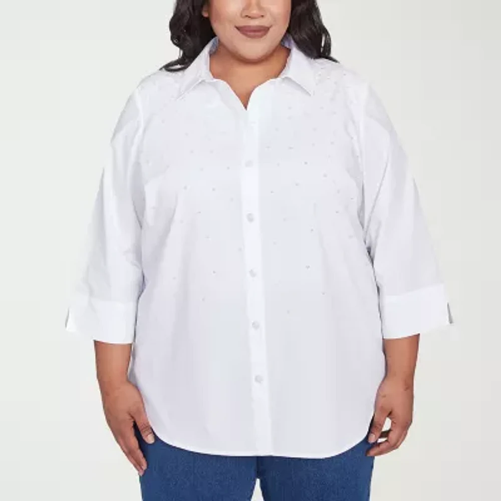 Alfred Dunner Plus Flower Power Womens 3/4 Sleeve Embellished Blouse