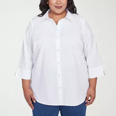 Alfred Dunner Plus Flower Power Womens 3/4 Sleeve Embellished Blouse