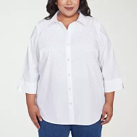 Alfred Dunner Plus Flower Power Womens 3/4 Sleeve Embellished Blouse