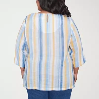 Alfred Dunner Plus Flower Power Womens Split Crew Neck 3/4 Sleeve Blouse