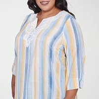 Alfred Dunner Plus Flower Power Womens Split Crew Neck 3/4 Sleeve Blouse