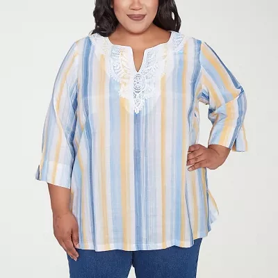 Alfred Dunner Plus Flower Power Womens Split Crew Neck 3/4 Sleeve Blouse
