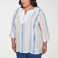 Alfred Dunner Plus Flower Power Womens Split Crew Neck 3/4 Sleeve Blouse
