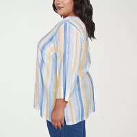 Alfred Dunner Plus Flower Power Womens Split Crew Neck 3/4 Sleeve Blouse