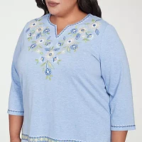 Alfred Dunner Flower Power Womens Plus Split Crew Neck 3/4 Sleeve T-Shirt
