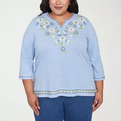 Alfred Dunner Flower Power Womens Plus Split Crew Neck 3/4 Sleeve T-Shirt