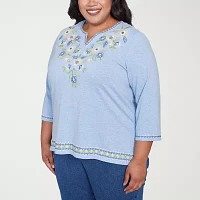 Alfred Dunner Flower Power Womens Plus Split Crew Neck 3/4 Sleeve T-Shirt