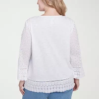 Alfred Dunner Plus Flower Power Womens Split Crew Neck 3/4 Sleeve Embroidered Blouse