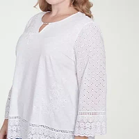Alfred Dunner Plus Flower Power Womens Split Crew Neck 3/4 Sleeve Embroidered Blouse