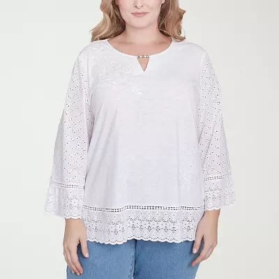 Alfred Dunner Plus Flower Power Womens Split Crew Neck 3/4 Sleeve Embroidered Blouse