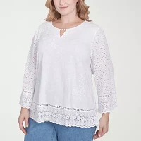Alfred Dunner Plus Flower Power Womens Split Crew Neck 3/4 Sleeve Embroidered Blouse