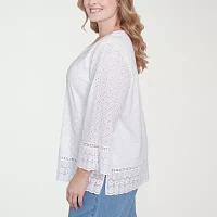 Alfred Dunner Plus Flower Power Womens Split Crew Neck 3/4 Sleeve Embroidered Blouse