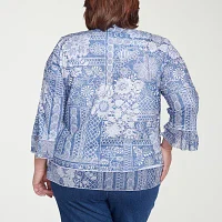 Alfred Dunner Flower Power Womens Plus Crew Neck 3/4 Sleeve Stretch Fabric T-Shirt