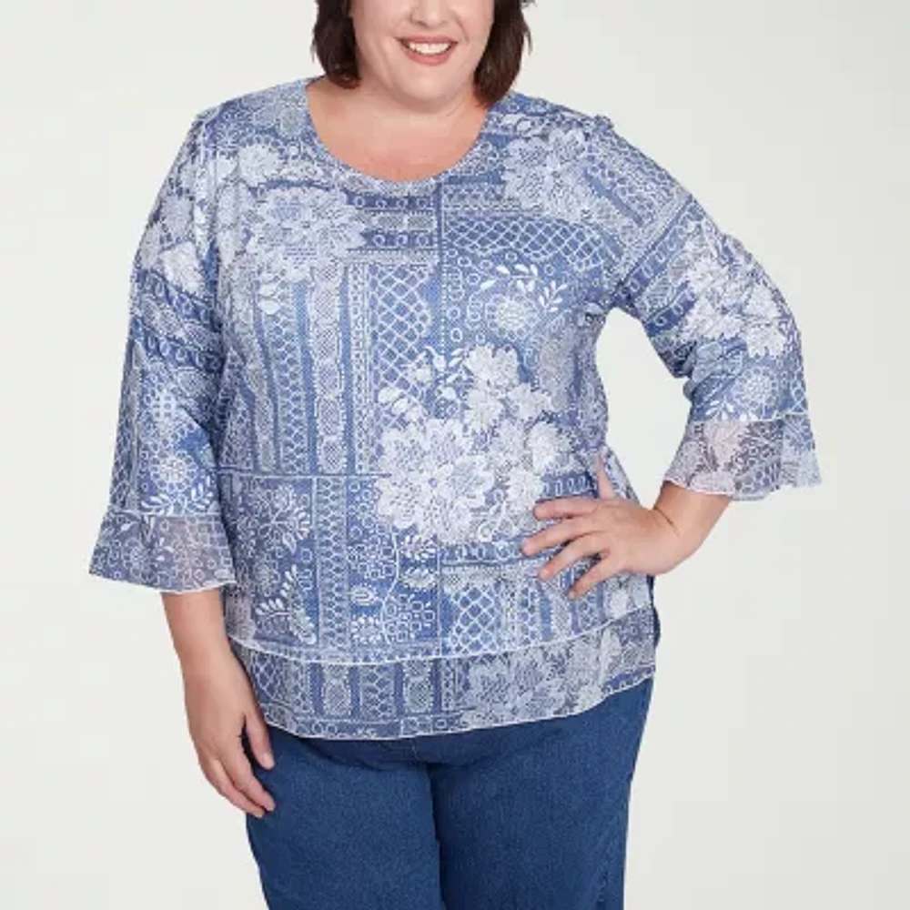 Alfred Dunner Flower Power Womens Plus Crew Neck 3/4 Sleeve Stretch Fabric T-Shirt