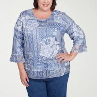 Alfred Dunner Flower Power Womens Plus Crew Neck 3/4 Sleeve Stretch Fabric T-Shirt
