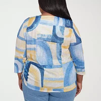 Alfred Dunner Flower Power Womens Plus Split Crew Neck 3/4 Sleeve Stretch Fabric T-Shirt