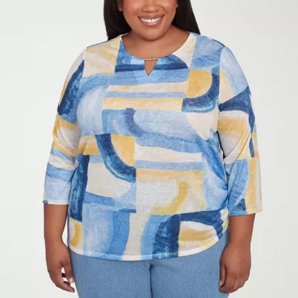 Alfred Dunner Flower Power Womens Plus Split Crew Neck 3/4 Sleeve Stretch Fabric T-Shirt
