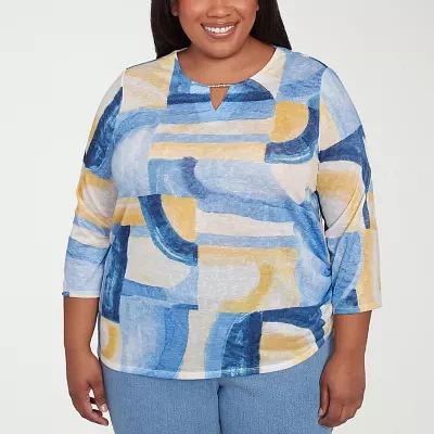 Alfred Dunner Flower Power Womens Plus Split Crew Neck 3/4 Sleeve Stretch Fabric T-Shirt