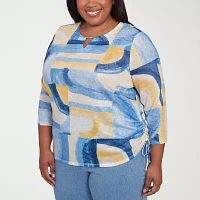 Alfred Dunner Flower Power Womens Plus Split Crew Neck 3/4 Sleeve Stretch Fabric T-Shirt