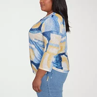 Alfred Dunner Flower Power Womens Plus Split Crew Neck 3/4 Sleeve Stretch Fabric T-Shirt