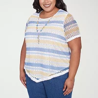 Alfred Dunner Flower Power Womens Plus Crew Neck Short Sleeve T-Shirt