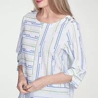Alfred Dunner Parrot Cay Womens Crew Neck 3/4 Sleeve Blouse