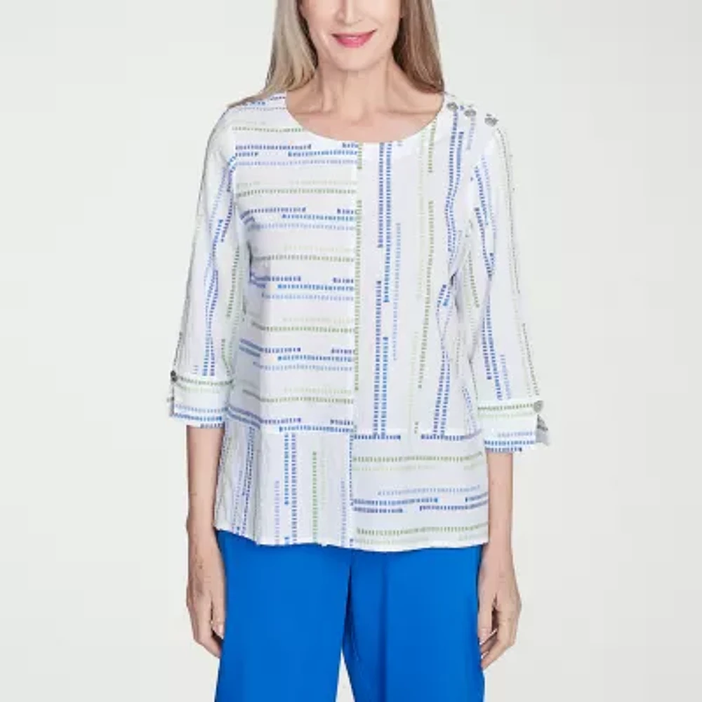 Alfred Dunner Parrot Cay Womens Crew Neck 3/4 Sleeve Blouse