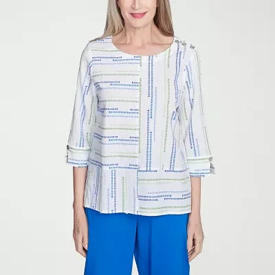 Alfred Dunner Parrot Cay Womens Crew Neck 3/4 Sleeve Blouse
