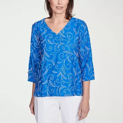 Alfred Dunner Parrot Cay Womens V Neck 3/4 Sleeve Embroidered Blouse