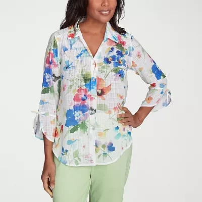 Alfred Dunner Parrot Cay Womens 3/4 Sleeve Button-Down Shirt