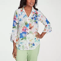 Alfred Dunner Parrot Cay Womens 3/4 Sleeve Button-Down Shirt