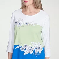 Alfred Dunner Parrot Cay Womens Crew Neck 3/4 Sleeve T-Shirt