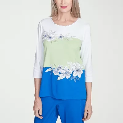Alfred Dunner Parrot Cay Womens Crew Neck 3/4 Sleeve T-Shirt