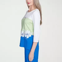 Alfred Dunner Parrot Cay Womens Crew Neck 3/4 Sleeve T-Shirt