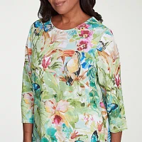 Alfred Dunner Parrot Cay Womens Crew Neck 3/4 Sleeve T-Shirt