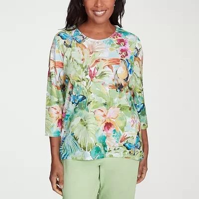 Alfred Dunner Parrot Cay Womens Crew Neck 3/4 Sleeve T-Shirt