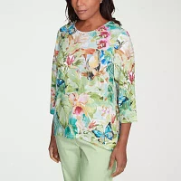 Alfred Dunner Parrot Cay Womens Crew Neck 3/4 Sleeve T-Shirt