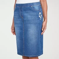 Alfred Dunner Flower Power Womens Stretch Fabric Denim Skirt
