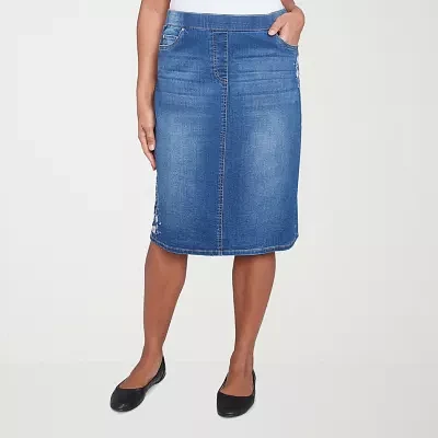 Alfred Dunner Flower Power Womens Stretch Fabric Denim Skirt