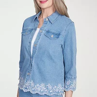 Alfred Dunner Flower Power Lightweight Denim Womens Jacket